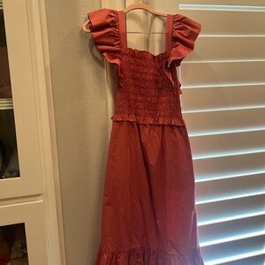 Sea New York Pink Ruffle-Sleeve Smocked Midi Dress with open back. Size Small